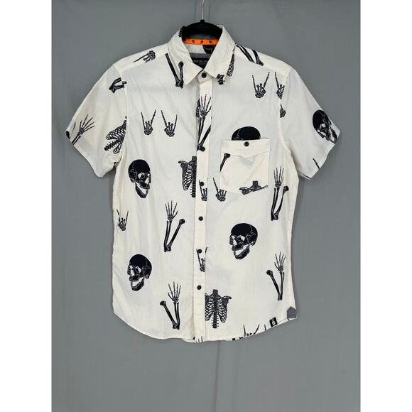 Free Planet Shirt Mens Small White Button Skulls Skeleton Emo Grunge Goth Alt - Picture 1 of 7